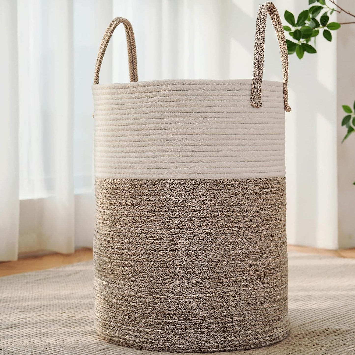 60L Cotton Rope Laundry Basket Hamper, Brown | Collapsible Laundry Basket, Reinforced Handles, Freestanding, Machine Washable, Holds 3-5 Thick Blankets, Clothes or Toys