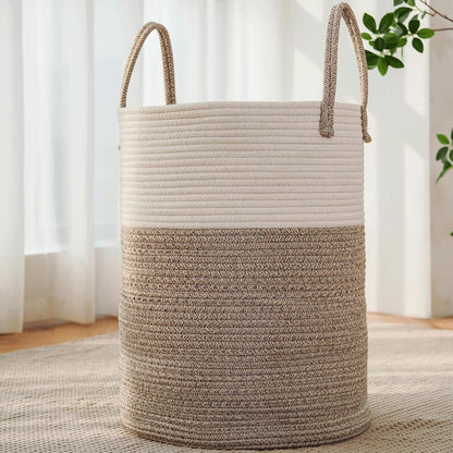 60L Cotton Rope Laundry Basket Hamper, Brown | Collapsible Laundry Basket, Reinforced Handles, Freestanding, Machine Washable, Holds 3-5 Thick Blankets, Clothes or Toys