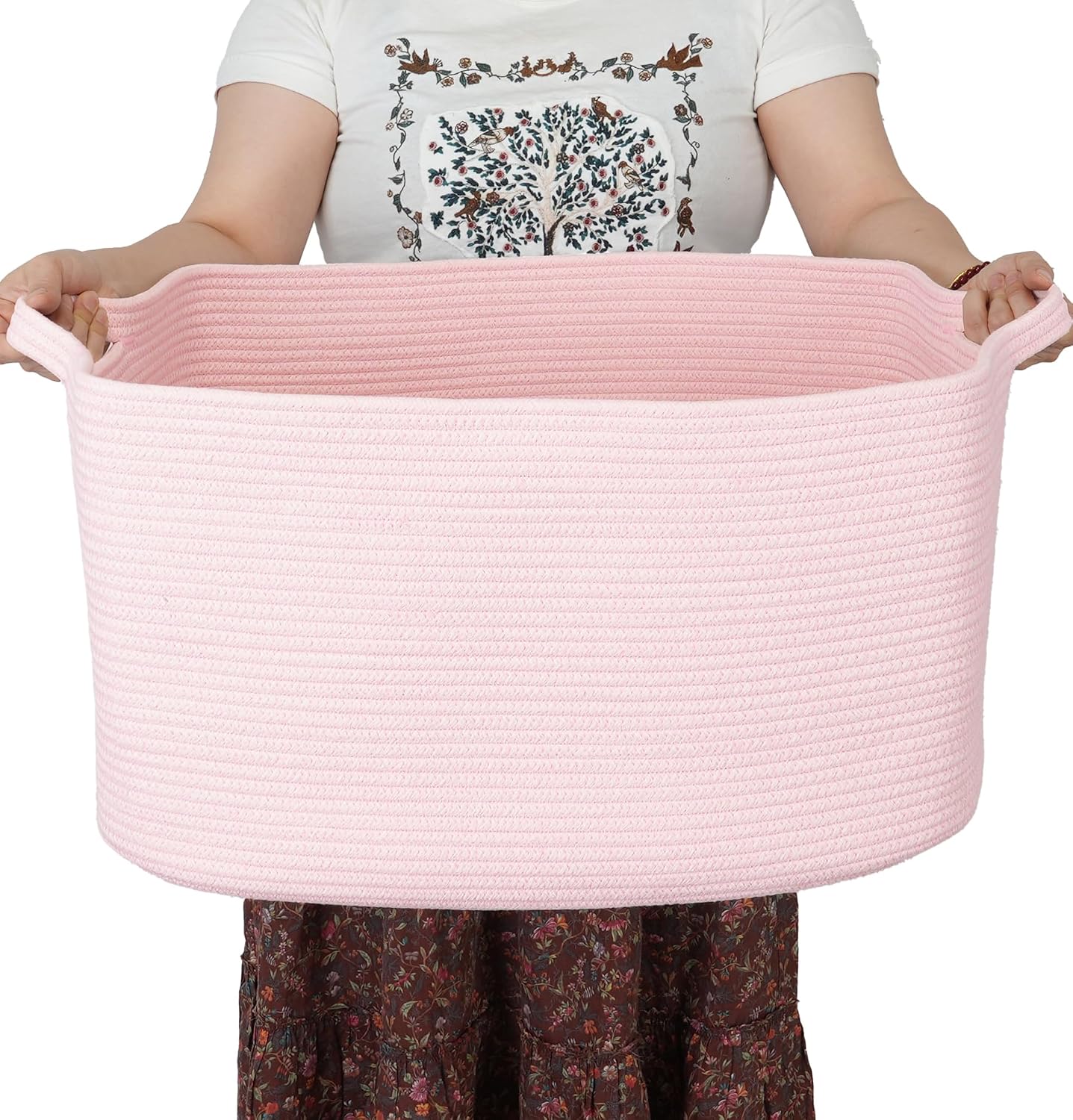 XUANGUO Large Rectangle Woven Cotton Rope Blanket Basket 22"x17"x12" Pink | Storage basket for nursery and living room; toy basket for kids, laundry basket for clothes and towels, or gift basket.