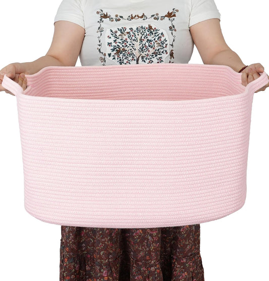 Large Rectangle Woven Cotton Rope Blanket Basket 2... (Pink | Cotton)