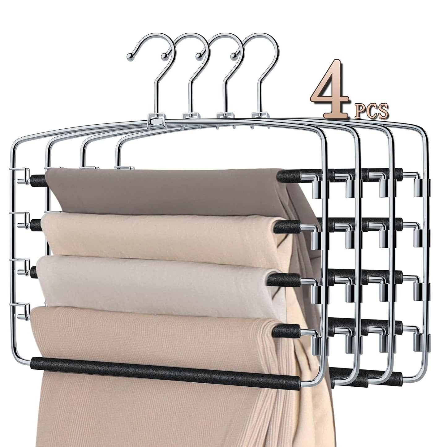 SINDAX Pants Hangers Space Saving - 4Pack, 5 Layers Space Saving Hangers, Sturdy Stainless Steel Pant Rack with Anti-Slip Swing Arm, Closet Organizers and Storage for Trousers Jeans