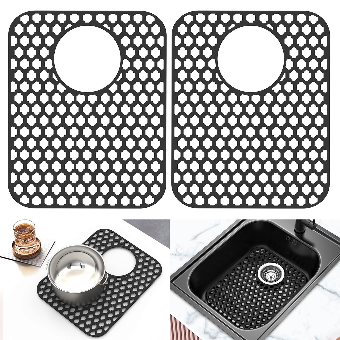 2 Pack Silicone Sink Protector Mat for Kitchen Sink Rear Drian Black | 13-9/16" x 11-5/8" Non-Slip Heat-resistant and Durable Silicone Grid