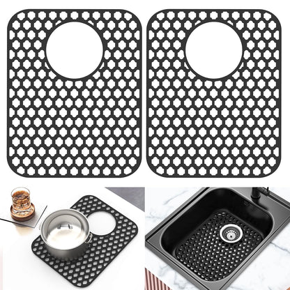 2 Pack Silicone Sink Protector Mat for Kitchen Sink Rear Drian Black | 13-9/16" x 11-5/8" Non-Slip Heat-resistant and Durable Silicone Grid