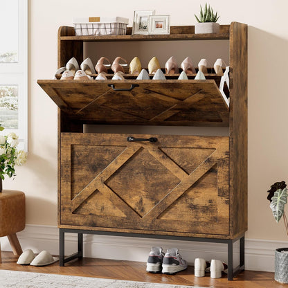 Shoe Storage Cabinet with 2 Flip Drawers, Freestanding Wood Shoe Organizer with Metal Legs, Farmhouse Slim Shoe Rack for Entryway, Foyer, Hallway, Rustic Brown