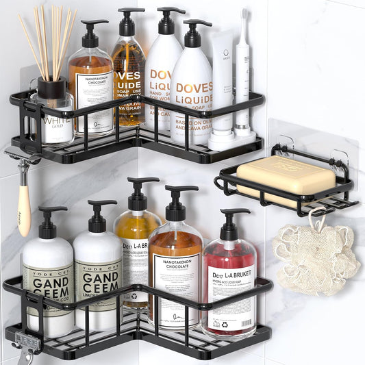 Corner Shower Caddy Adhesive, 100% Rustproof Shower Organizer with Soap Holder, No Drill Shower Shelf for Inside Shower, Wall-Mounted Shower Storage for Homes (3 Pack, Black)