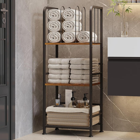 3-Tier Freestanding Towel Racks for Bathroom, Towel Rack Stand | Detachable M-shaped Dividers for Bath Towel Storage Premium Iron & Wood Holder Crafted for Bathroom Organization