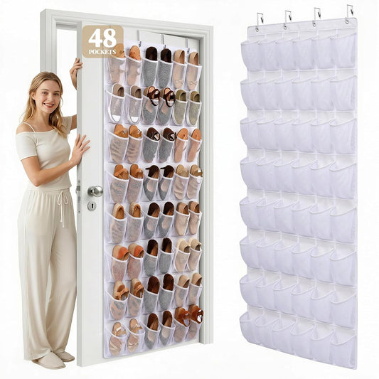 48 Pockets Over The Door Shoe Organizer, Large Mesh Hanging Shoe Rack, 6-Column Heavy Duty Shoe Storage for Sneakers and Heels, Behind Door Holder for Entryway Bedroom Dorm College, White