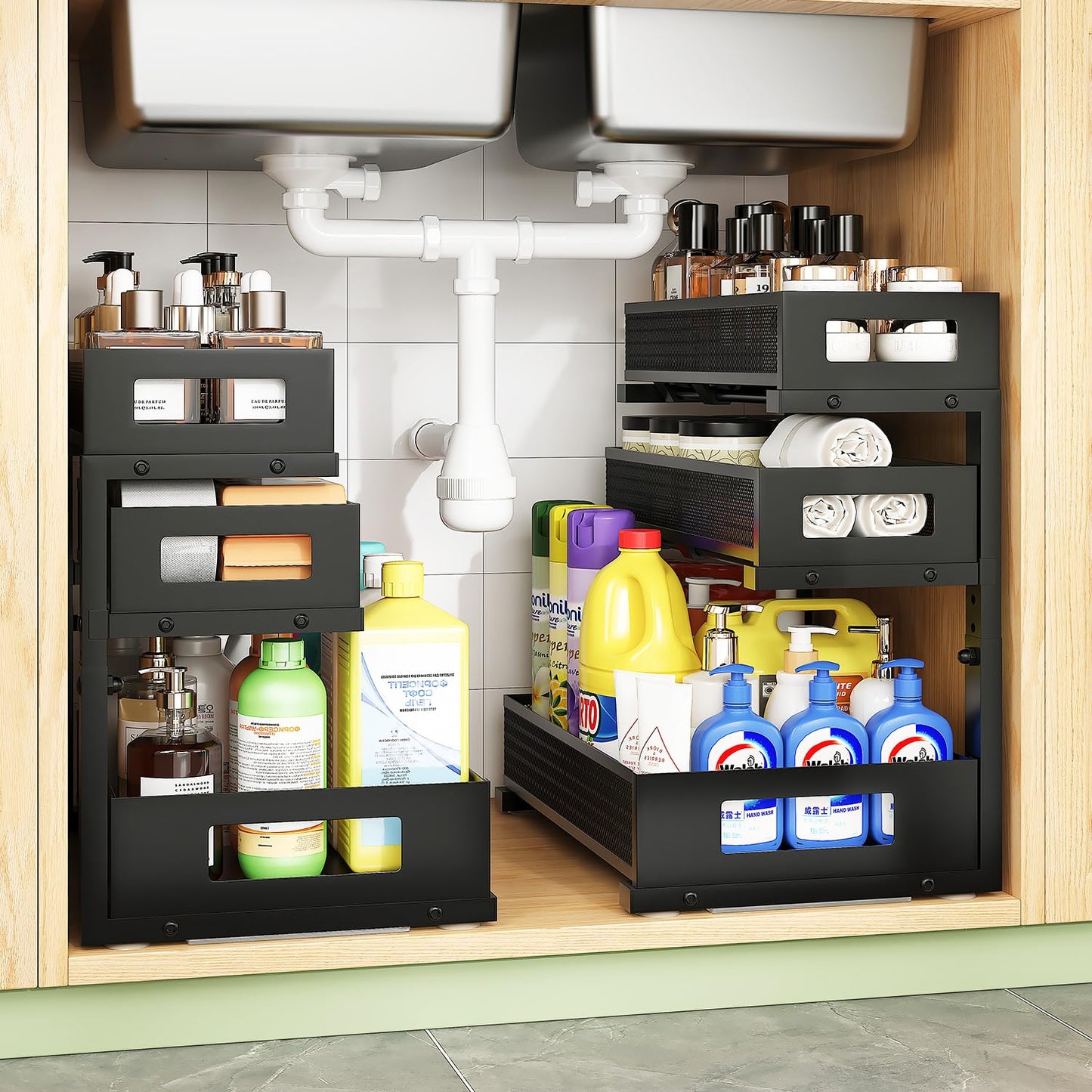 Under Sink Organizer,3-Tier Heavy Duty Pull out Cabinet Organizer Shelf | Height Adjustable,Thickened Metal,Slide out Storage Drawer Rack for Kitchen Bathroom Pantry Laundry Home Organization