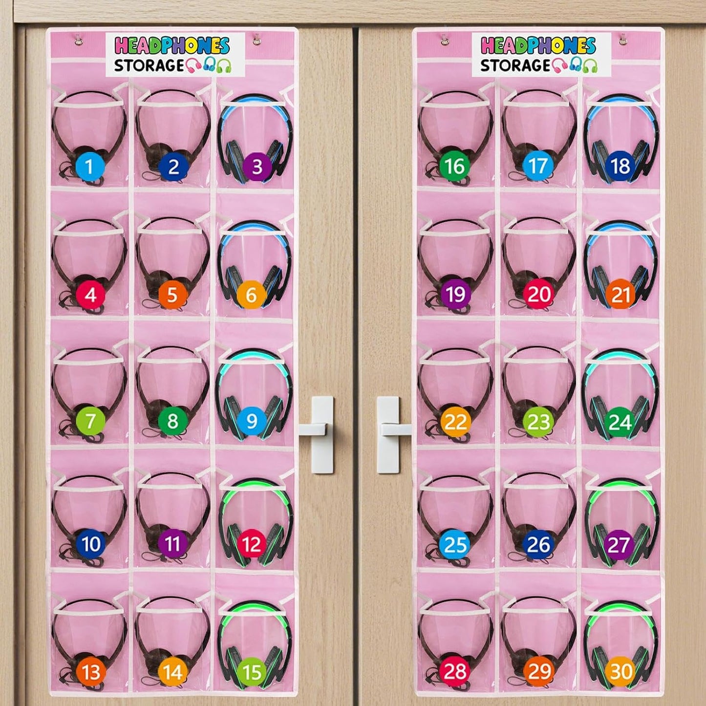 2 Pack Classroom Headphone Storage Organizer with 30 Pockets & 62 Labels | PVC Clear Classroom Pocket Chart for Headphone Cell Phone Over-the-Door Hanging Headphone Holder Bag for School Library, Pink