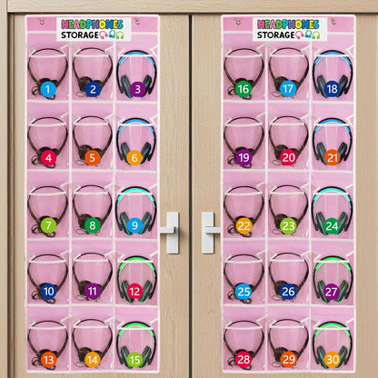 2 Pack Classroom Headphone Storage Organizer with 30 Pockets & 62 Labels | PVC Clear Classroom Pocket Chart for Headphone Cell Phone Over-the-Door Hanging Headphone Holder Bag for School Library, Pink