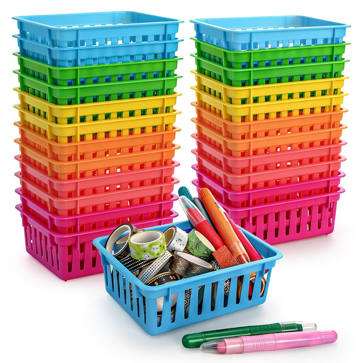 24 Pack Classroom Storage Baskets, Small Plastic Baskets for Organizing, Colorful Storage Trays, Crayon Pencil Containers Organizer Bins for Desk, Drawer, Home, Office, 6.1"L x 4.7"W x 2.4"H