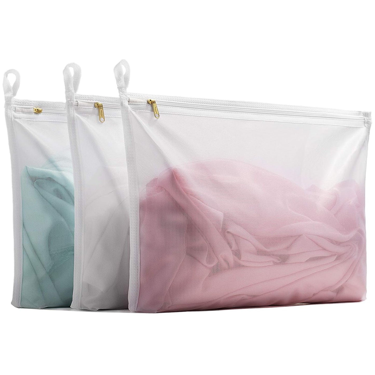 TENRAI Delicates Laundry Bags, Bra Fine Mesh Wash Bag for Underwear, Lingerie, Bra, Pantyhose, Socks, Use YKK Zipper, Have Hanger Loops,((0 Fluorescent Cloth White, 3 Medium, CQS)