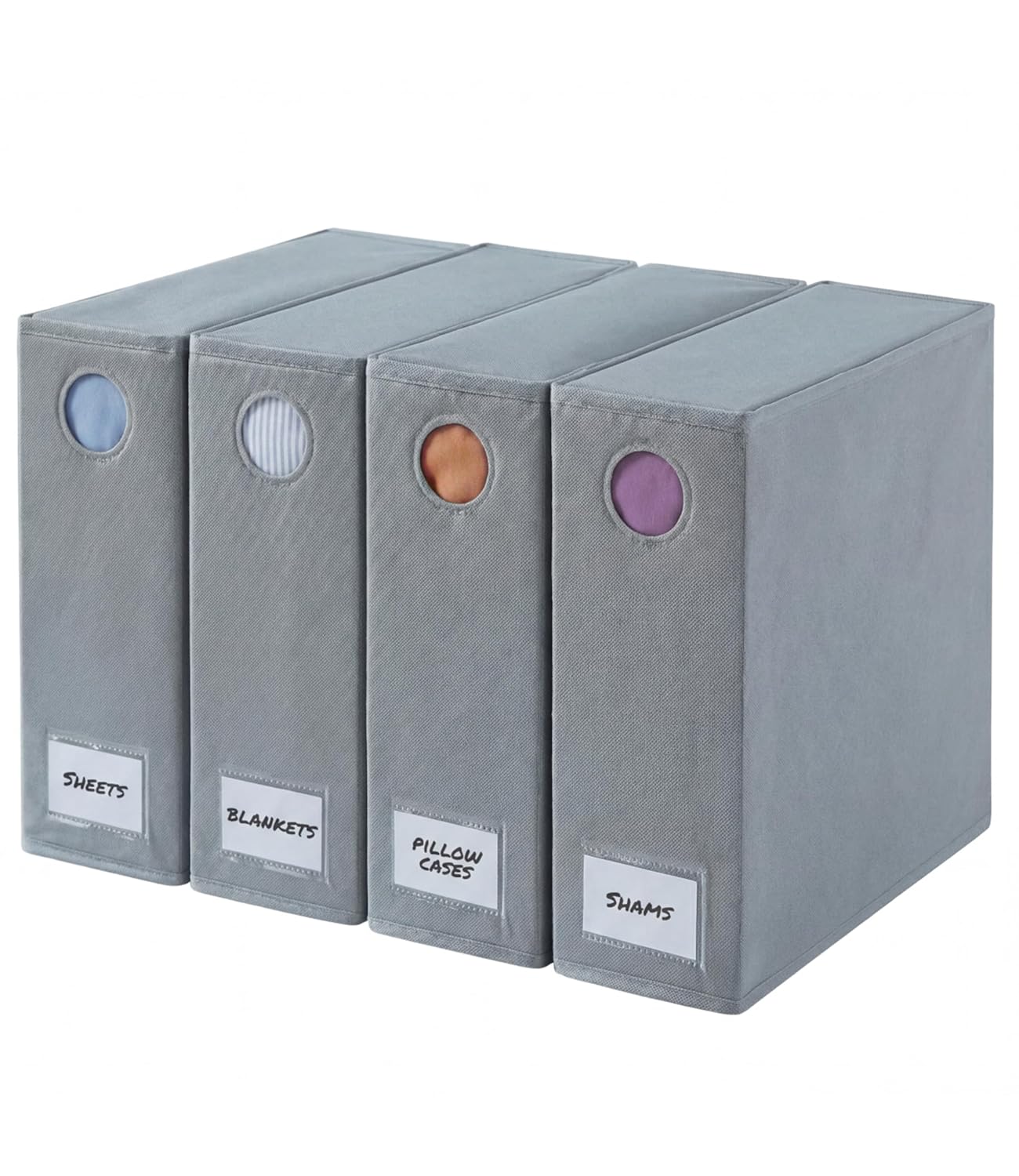 4 Pack Sheet Organizers - Foldable Sheets Set Organizer - King/Queen - Grey | Storage Organizer for Linen Closet, Folder Keeper with Window XL, Blanket, Duvet & Pillowcases Dustproof Bedding Container