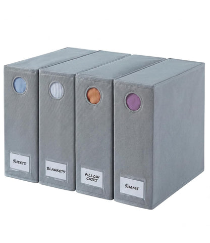 4 Pack Sheet Organizers - Foldable Sheets Set Organizer - King/Queen - Grey | Storage Organizer for Linen Closet, Folder Keeper with Window XL, Blanket, Duvet & Pillowcases Dustproof Bedding Container