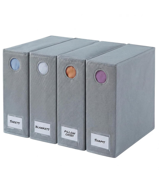 4 Pack Sheet Organizers - Foldable Sheets Set Organizer - King/Queen - Grey | Storage Organizer for Linen Closet, Folder Keeper with Window XL, Blanket, Duvet & Pillowcases Dustproof Bedding Container