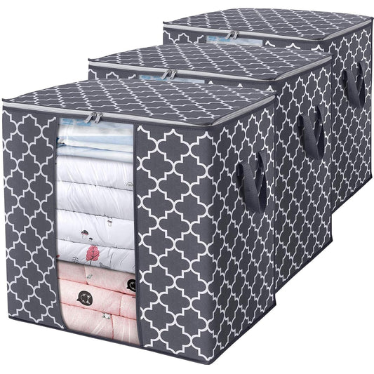 Storage Bags 3 Pack 100L Clothes Organization and Storage Containers | Large Blanket for Comforters,Bedding, Foldable Organizer with Reinforced Handle, Clear Window, Sturdy Zippers, Greyy