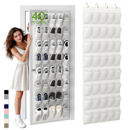 Over the Door Shoe Organizer with 40 Large Breathable Mesh Pockets, Space Saving Shoe Holder, Hanging Shoe Rack for Entryway Bedroom Closet Storage (White, 40 Pockets)