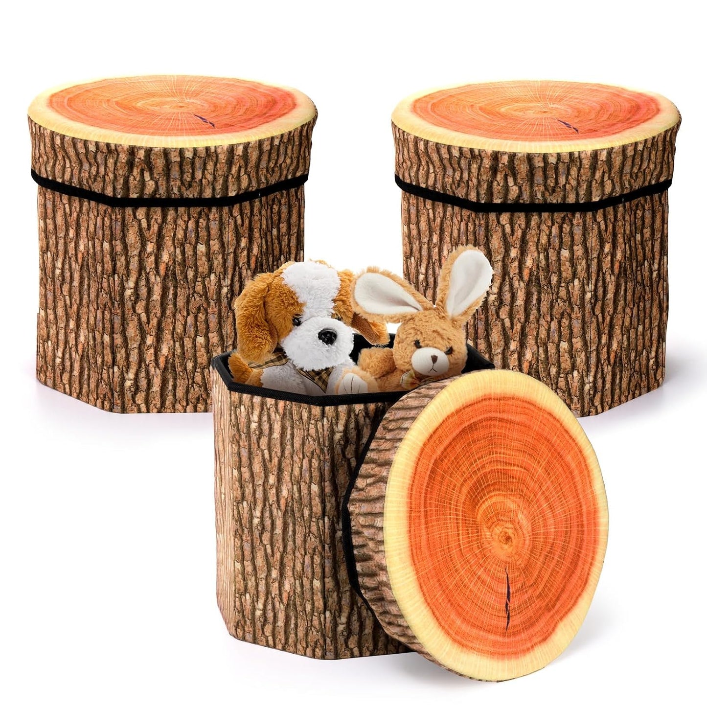 Lawei 3 Pack Tree Stump Storage Stools, 12 x 12 Inches Folding Stool Ottoman with Foam Cushion, Collapsible Storages Seat Chest, Vintage Storage Toy Box Wood Stump Organizer Stools for Toy