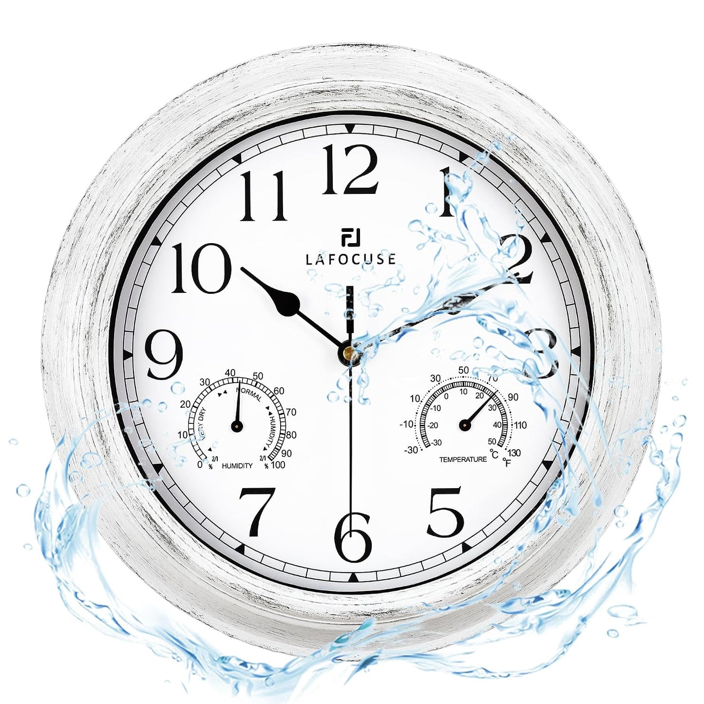 Lafocuse 12 Inch White Outdoor Wall Clocks with Temperature and Humidity | Waterproof Outdoor Clocks with Thermometer and Hygrometer Combo for Patio Porch Pool Outside Indoor Garage Bathroom Kitchen