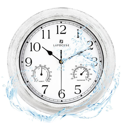Lafocuse 12 Inch White Outdoor Wall Clocks with Temperature and Humidity | Waterproof Outdoor Clocks with Thermometer and Hygrometer Combo for Patio Porch Pool Outside Indoor Garage Bathroom Kitchen