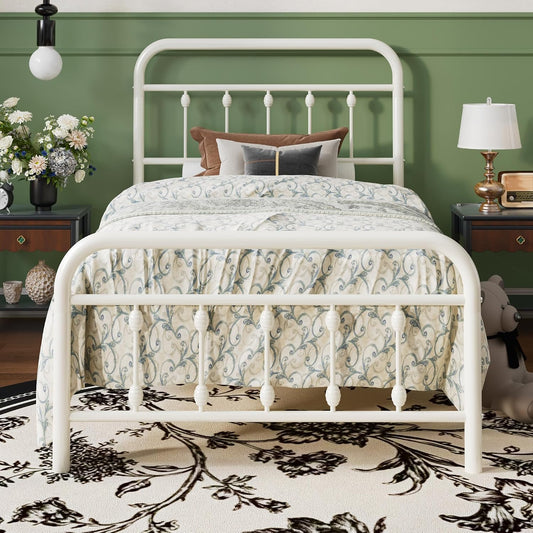 SHA CERLIN Twin Metal Bed Frame with Victorian Iron-Art Headboard, Cream | Victorian Iron-Art Headboard and Footboard, Easy Assembly, Under Bed Storage, No Box Spring Required