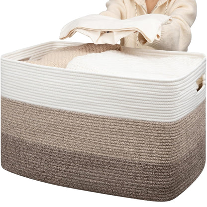 OIAHOMY 118L Extra Large Blanket Basket, Rectangle Woven Cotton Rope Storage Basket,Used for storing Dirty Clothes, Stuffed Animal Toy Storage for Living Room,Kids Room,25" x 17" x 16", Gradient Brown
