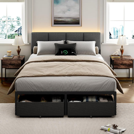 Full Size Bed Frame with Upholstered Headboard & 2... (Dark Gray)