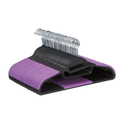 Amazon Basics Space Saving Non-Slip Rubber Coated Plastic Hangers with 360 Degree Swivel Hook, Black/Purple, Pack of 50