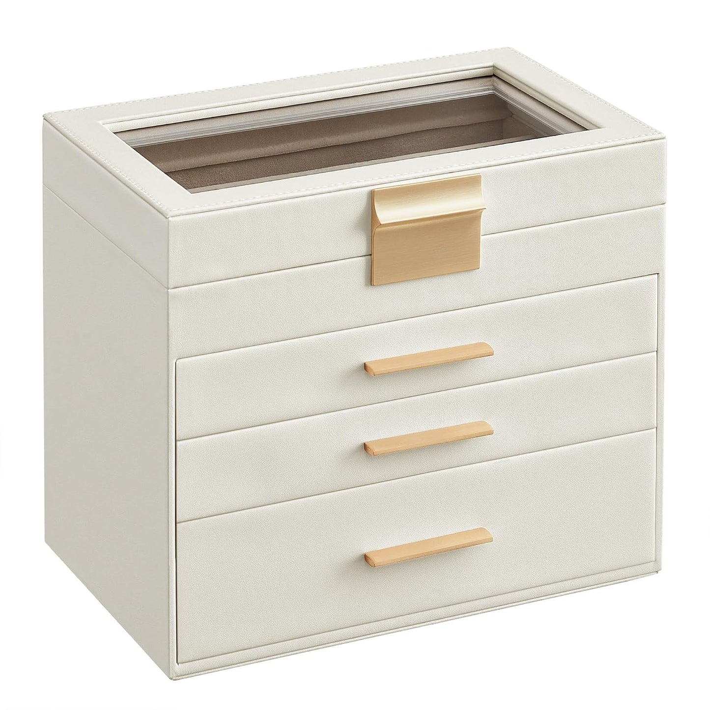 SONGMICS GISELLA Collection - Jewelry Box with Glass Lid, 4-Layer Jewelry Organizer, 3 Drawers, for Sunglasses, Big Jewelry, Jewelry Storage, Modern Style, Cloud White and Gold Colour UJBC161W01