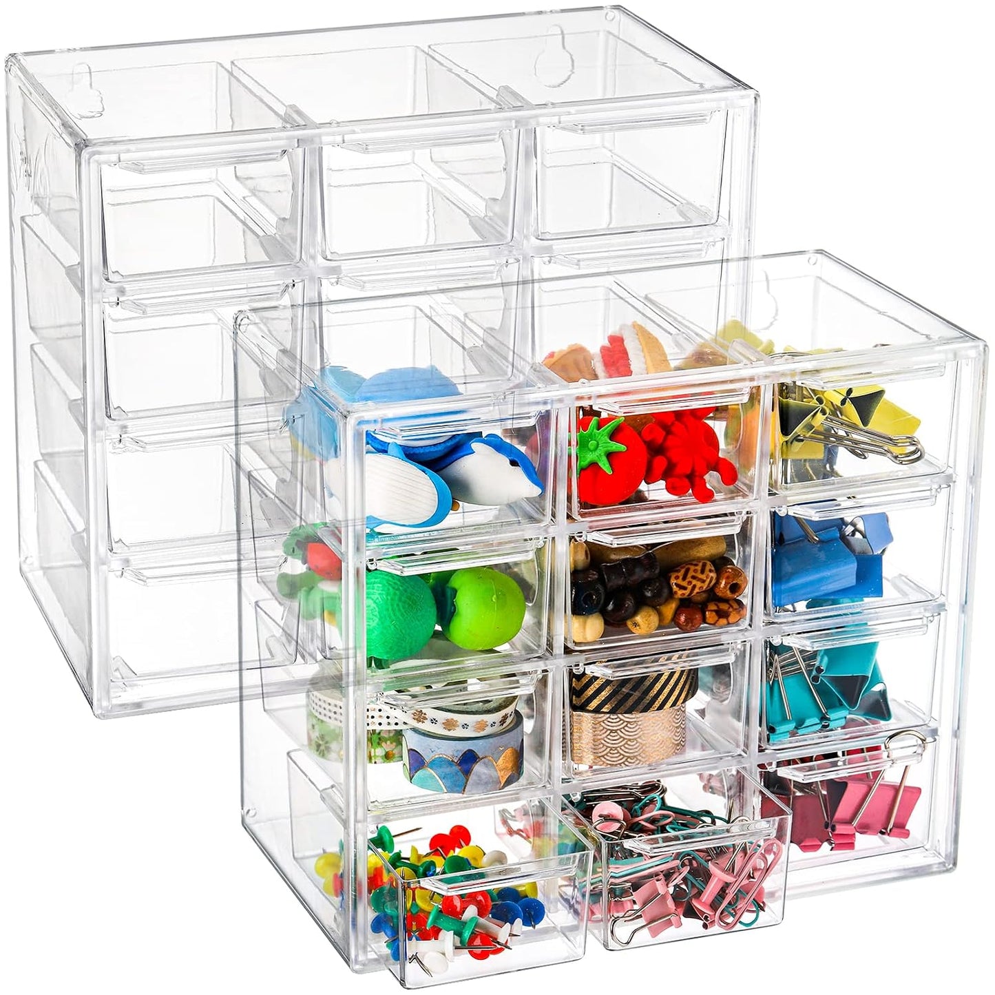 2 Pack Mini Desk Organizer with 12 Removable Drawers, Clear Plastic Desktop Drawer Organizer, Desk Craft Storage Box for DIY Crafts, Art Supply, Office, Cosmetic, Jewelry