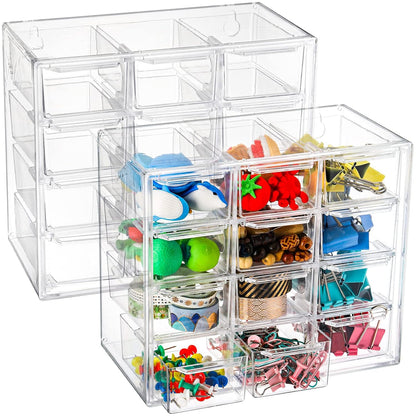 2 Pack Mini Desk Organizer with 12 Removable Drawers, Clear Plastic Desktop Drawer Organizer, Desk Craft Storage Box for DIY Crafts, Art Supply, Office, Cosmetic, Jewelry