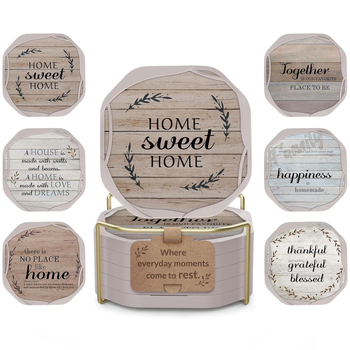 Absorbent Felt & Silicone Coasters Set of 6 with H... (6 Count | 06. Sweet Home | Felt, Silicone)