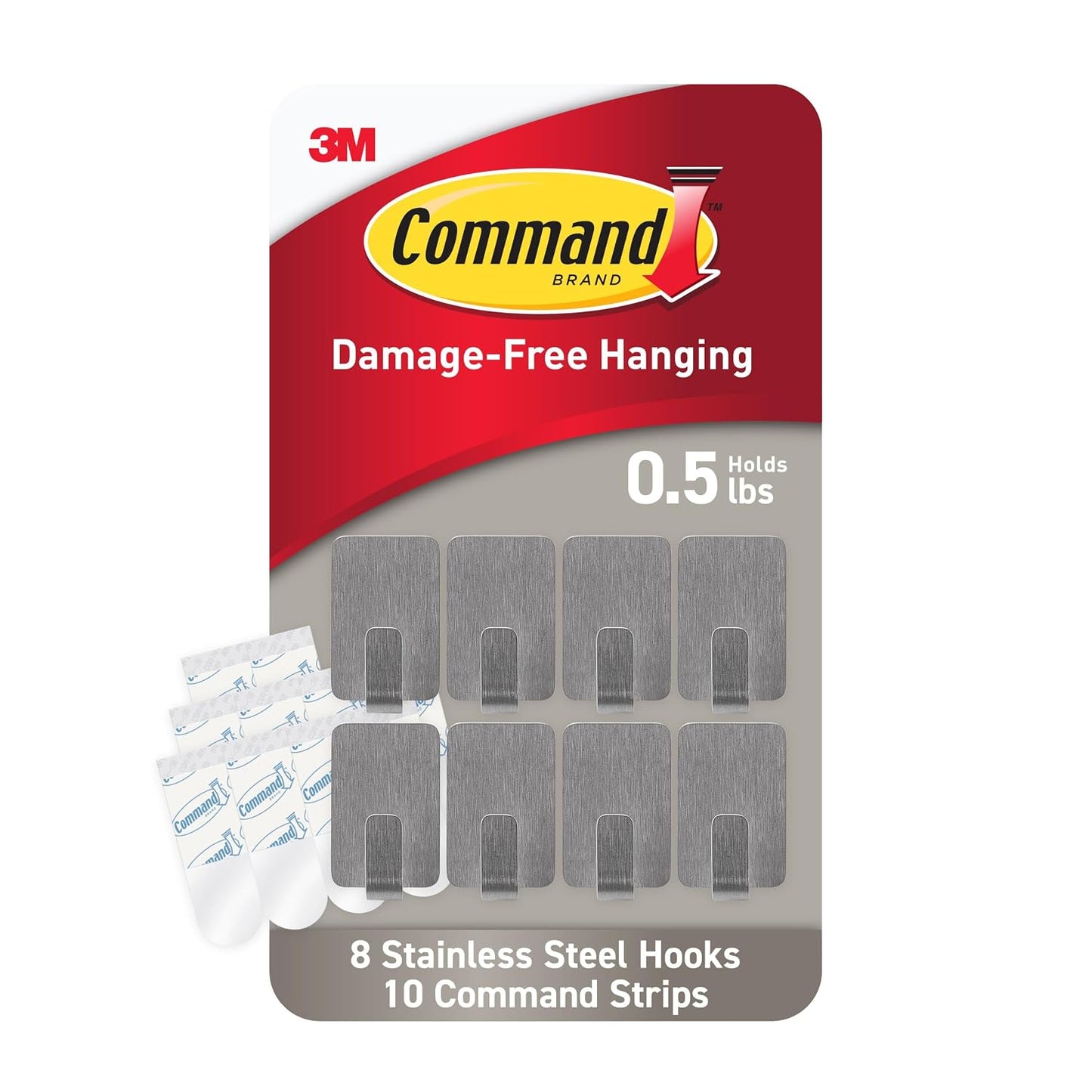 Command Small Stainless Steel Hooks, 8 Hooks, 10 Strips | Damage-Free Hanging with Adhesive, Heavy Duty Hanging Great for Home and Room Decor, Holds up to 0.5 lb