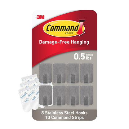 Command Small Stainless Steel Hooks, 8 Hooks, 10 Strips | Damage-Free Hanging with Adhesive, Heavy Duty Hanging Great for Home and Room Decor, Holds up to 0.5 lb