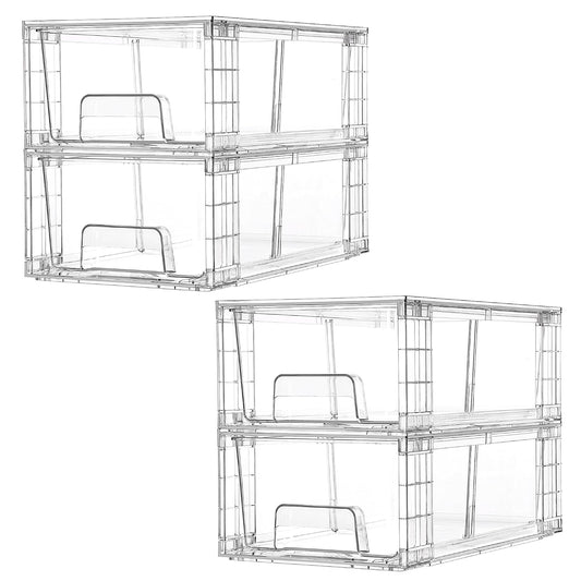 Vtopmart 4 Pack Stackable Storage Drawers,Clear Acrylic Drawer Organizers with Handles, Easily Assemble for Fridge, Bathroom,Kitchen Undersink,Cabinet,Pantry Organization and Storage