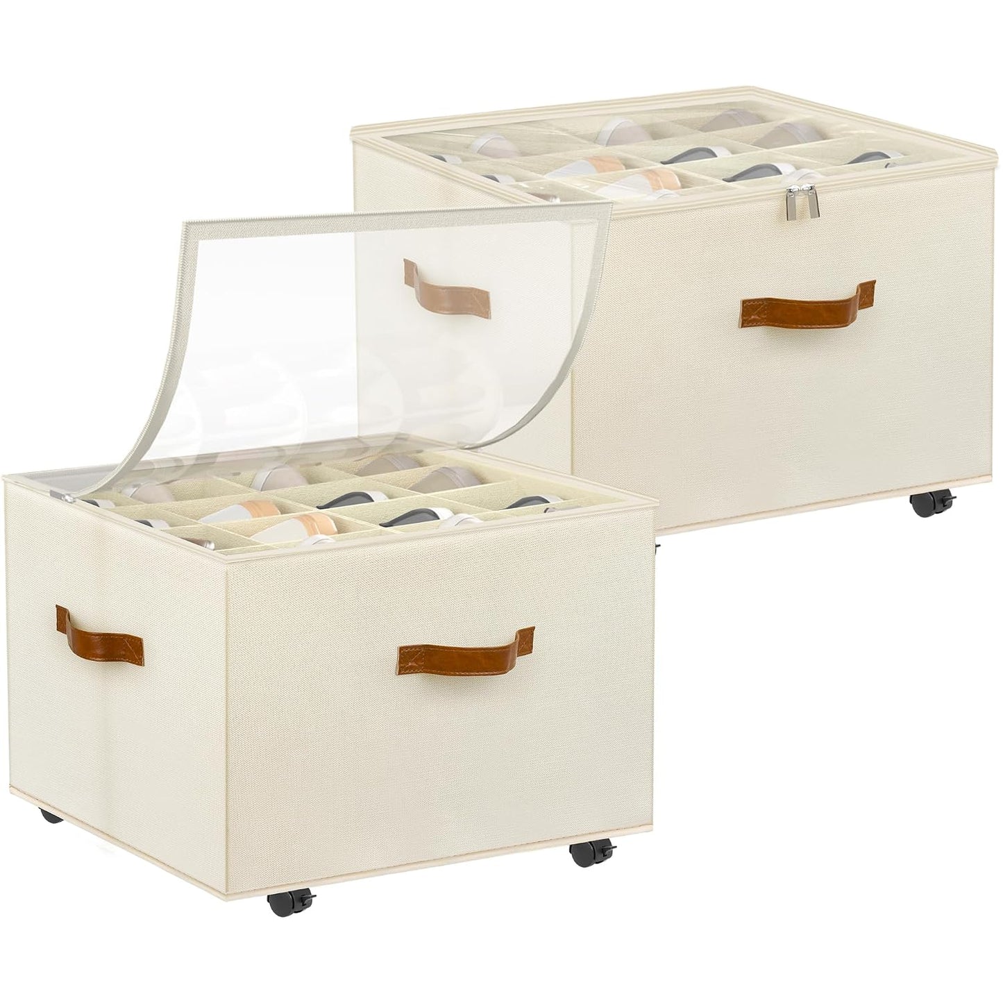 Shoe Organizer for Closet, 2 Pack Shoe Storage Organizer with Wheels and Adjustable Dividers, Stackable Shoe Storage Box with Clear Cover, Foldable Closet Shoe Organizer Fits up to 16-32 Pairs, Beige