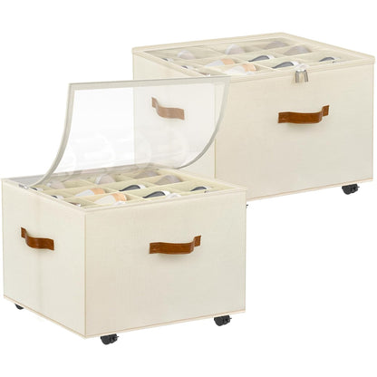 Shoe Organizer for Closet, 2 Pack Shoe Storage Organizer with Wheels and Adjustable Dividers, Stackable Shoe Storage Box with Clear Cover, Foldable Closet Shoe Organizer Fits up to 16-32 Pairs, Beige