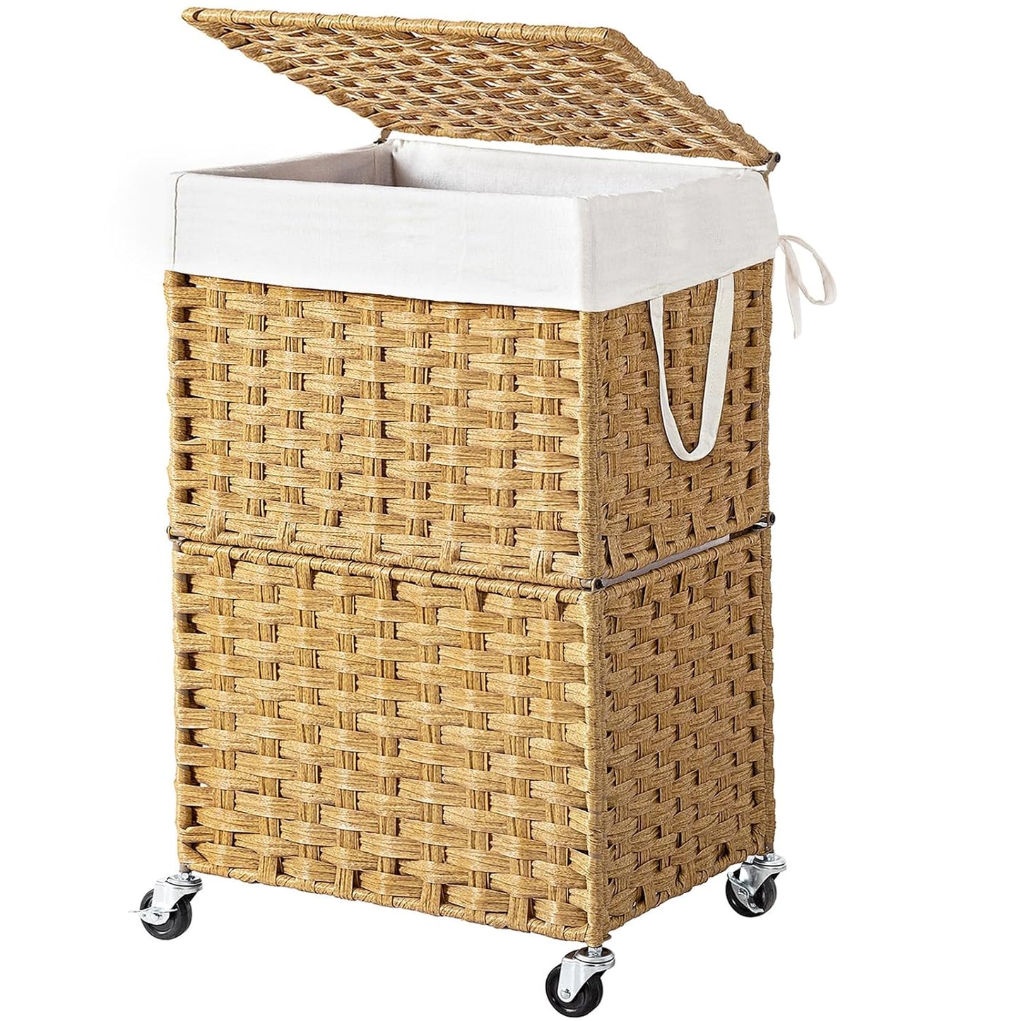 Chrislley Wicker Laundry Basket with Wheels,Rolling Laundry Hamper with Lid | 90L Slim Clothes Hamper with Wheels & Removable Liner Bag, Handwoven Rattan Laundry Organizer for Bedroom, Bathroom, Yellow