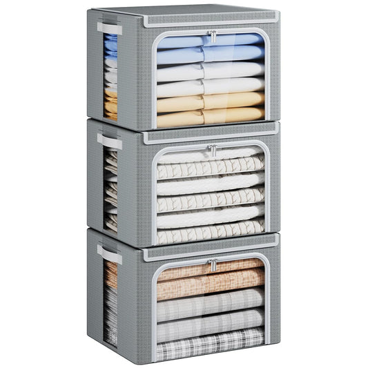 Yecaye Clothes Storage Bins with Metal Frame, Foldable Organizer Box, 40L | Stackable Zippered, With Lid, Clear Window＆ PU Leather Handles