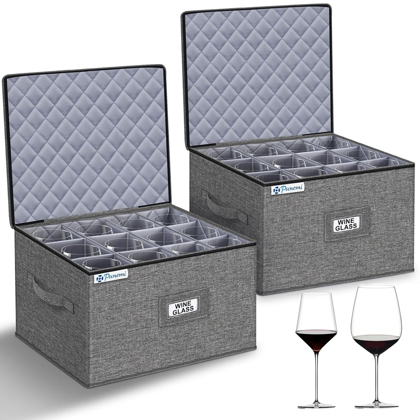 Wine Glass Storage Box for 24 Glasses, Hard Shell Stackable Moving Case | Hard shell side and bottom support with padded dividers for crystal glasses, stemware and drinkware; stackable for moving