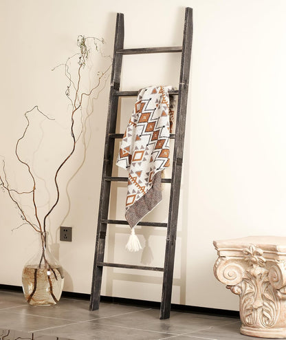 Blanket Ladder 6-Tier Washed Black, Rustic Towel & Quilt Display Rack | rustic black ladder for living room, bedroom or bathroom. Holds quilts, towels & blankets. Sturdy 6-tier wood. Easy assembly