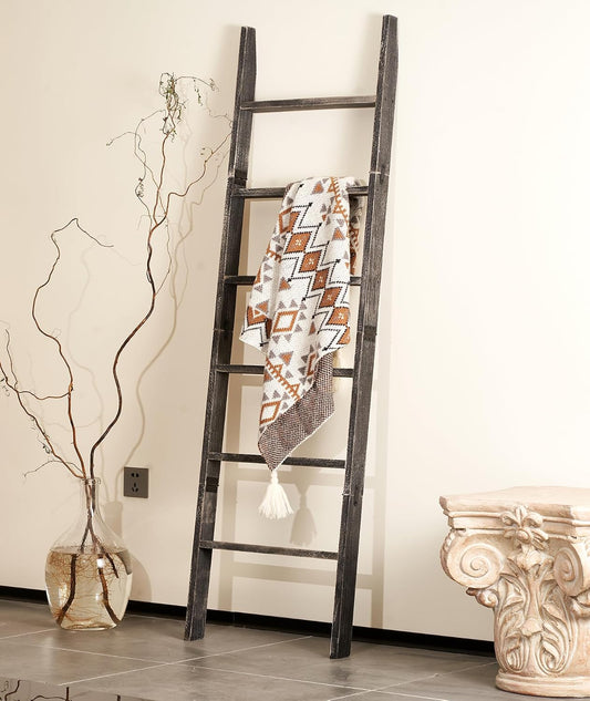 Blanket Ladder 6-Tier Washed Black, Rustic Towel &... (Washed Black | Wood)