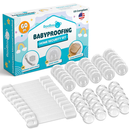 BooBoo Baby 60 Pack Premium Child Safety Baby Proofing Kit | For Your Home and Kitchen with 10 Cabinet Drawer Locks, 20 Corner Guards and 30 Outlet Covers - No Tools Needed