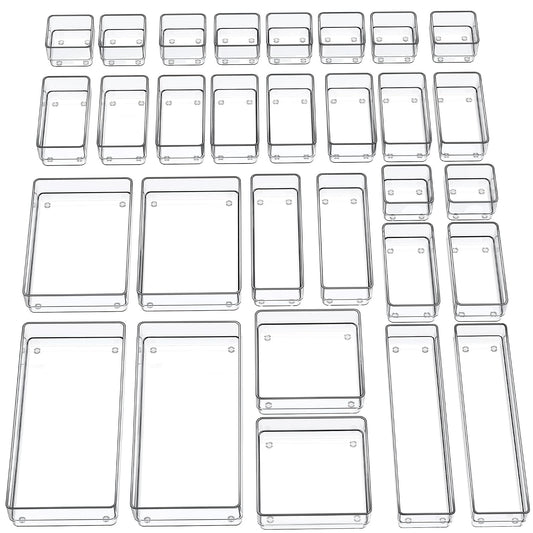 SMARTAKE 30-Piece Drawer Organizer with Non-Slip Silicone Pads, 7-Size | Desk Drawer Organizer Trays Storage Tray for Makeup, Jewelries, Utensils in Bedroom Dresser, Office and Kitchen (Clear)