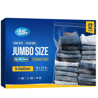 12 Large Storage Bags With Zipper Top - 5 Gallon Bags 18" x 24", Extra Large Plastic for Clothes, Travel, Moving, Large Reusable freezer bags, BPA-Free, 2-mil Thick