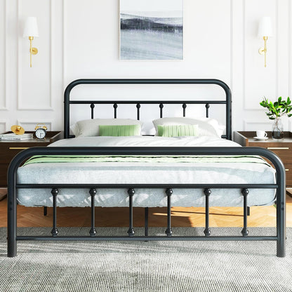 Shintenchi Queen Size Metal Platform Bed Frame with Headboard & Footboard, Steel Slat Mattress Foundation, Under Bed Storage, Noise-Free, No Box Spring Needed, Black Round