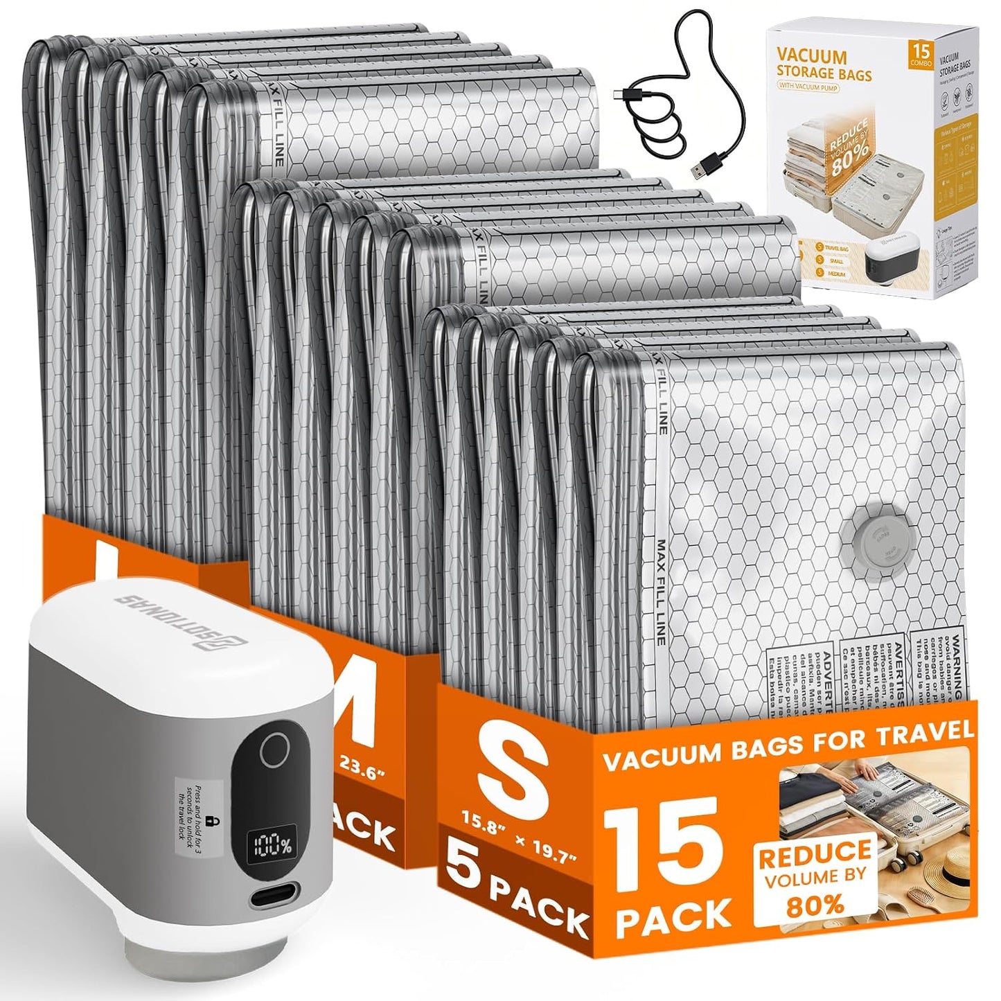 15 Pack Vacuum Seal Bags for Clothing Travel with -60KPa Rechargeable Wireless Pump, Space Saver Compression Vacuum Storage Bags in Multiple Carry-On Sizes for Luggage, Suitcase and Seasonal Storage