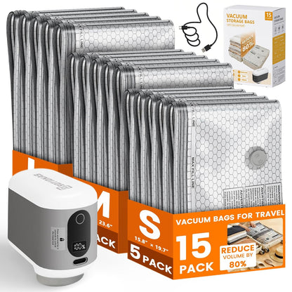 15 Pack Vacuum Seal Bags for Clothing Travel with -60KPa Rechargeable Wireless Pump, Space Saver Compression Vacuum Storage Bags in Multiple Carry-On Sizes for Luggage, Suitcase and Seasonal Storage