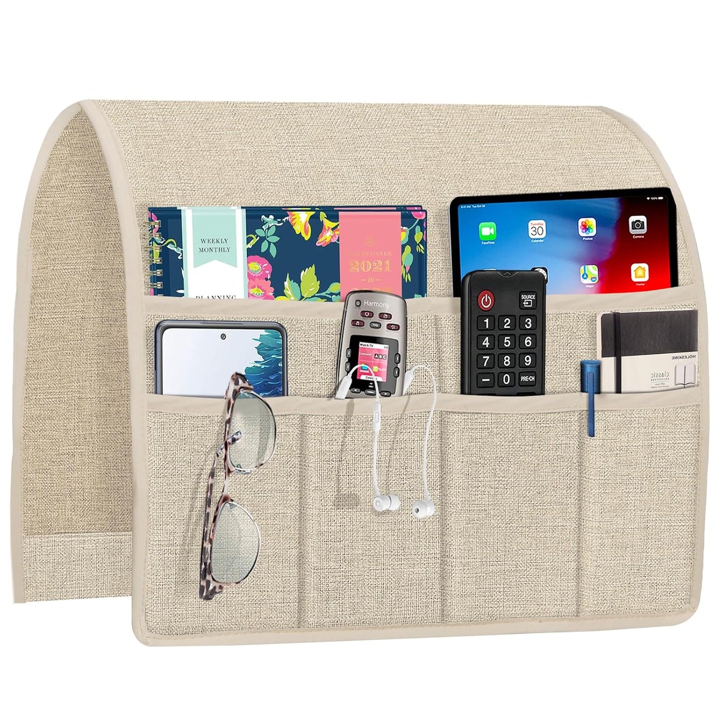 Joywell Beige Remote Control Holder Recliner Armchair Caddy Couch Caddy Sofa Armrest Organizer Linen Fabric Tan Taupe Sofa Arm Chair Caddie with 6 Pocket Storage for Magazine, Tablet, Phone, iPad