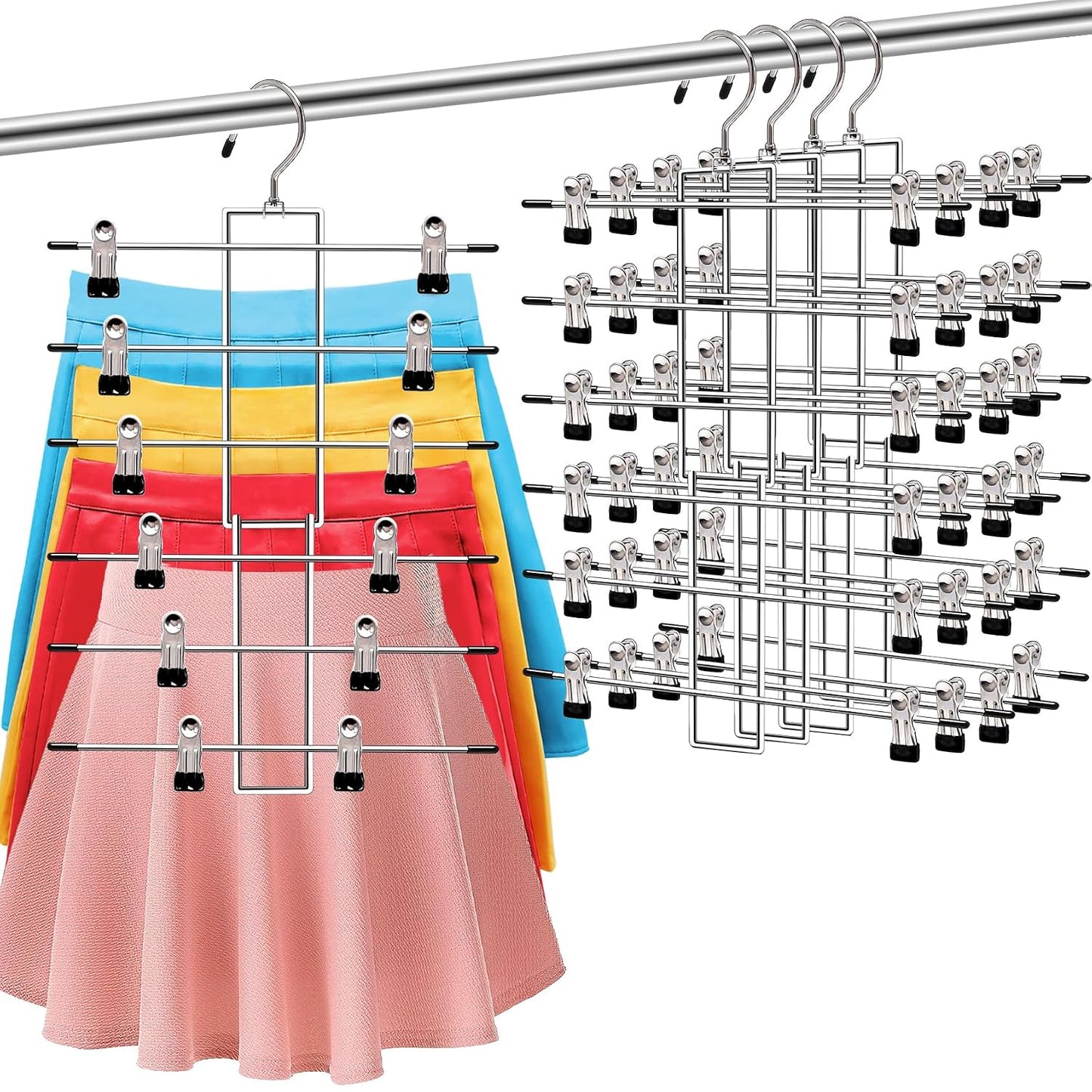 4 Pack Pants-Hangers-Space-Saving, 6 Tier-Closet-Organizers-and-Storage | Skirt Hooks with Clips, Closet-Organizer-Clothes-Organization Jeans Scarf Holder,College-Dorm-Room-Essentials Decor